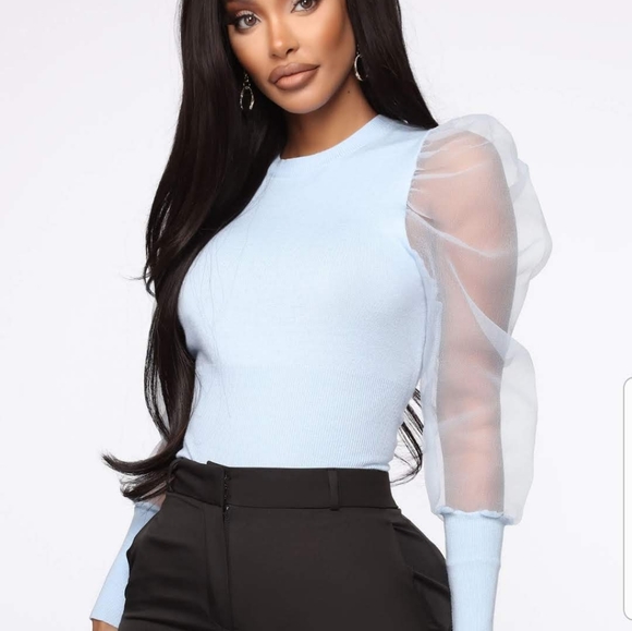 Fashion Nova Baby Blue Shirt Sheer Sleeves XL L - Picture 2 of 5
